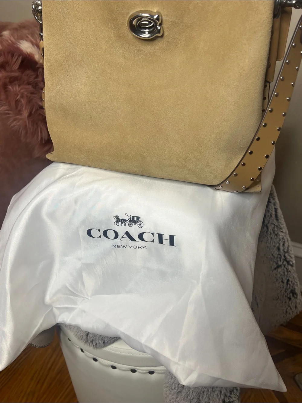 Coach Beige Suede Shoulder Bag with Studded Leather Strap